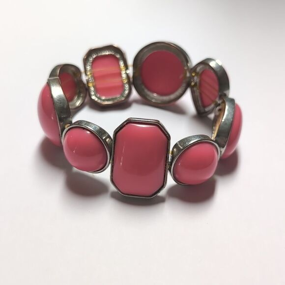 218 Silver with Pink‎ Stones Geometric Shapes Link Bracelet - Picture 3 of 5